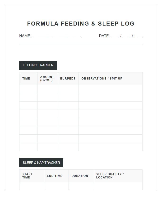 Formula Feeding And Sleep Log Printable Chart