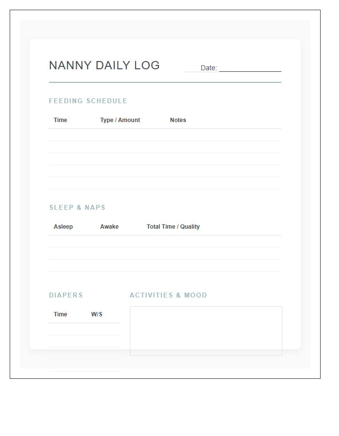 Nanny Daily Log Feeding Sleep Printable Chart