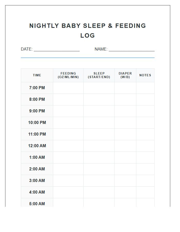 Nightly Baby Sleep And Feeding Printable Chart