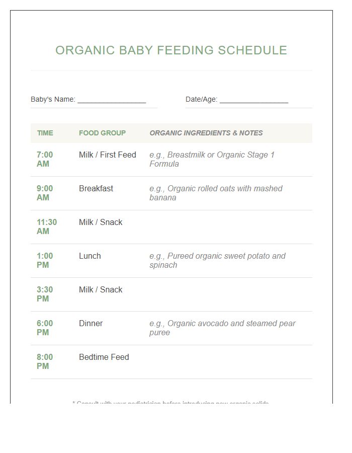 Organic Baby Feeding Schedule Printable Chart