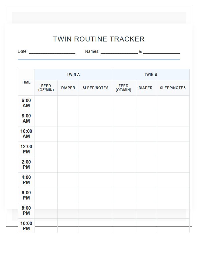 Twin Baby Routine Management Printable Chart