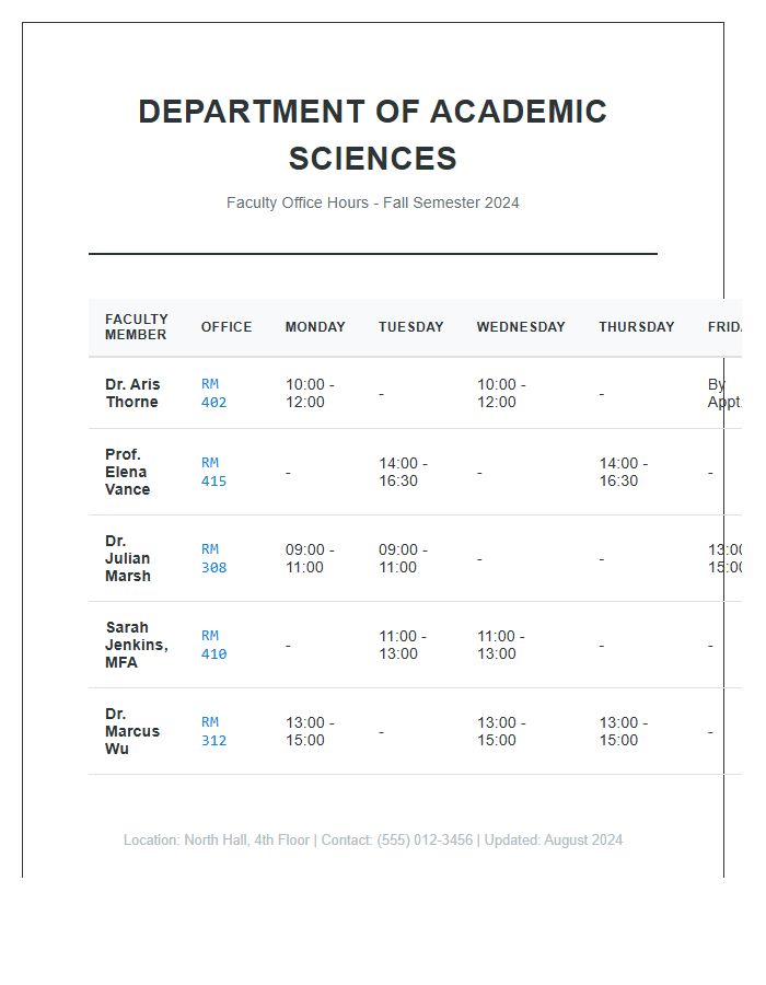 Academic Department Office Hours Printable Chart