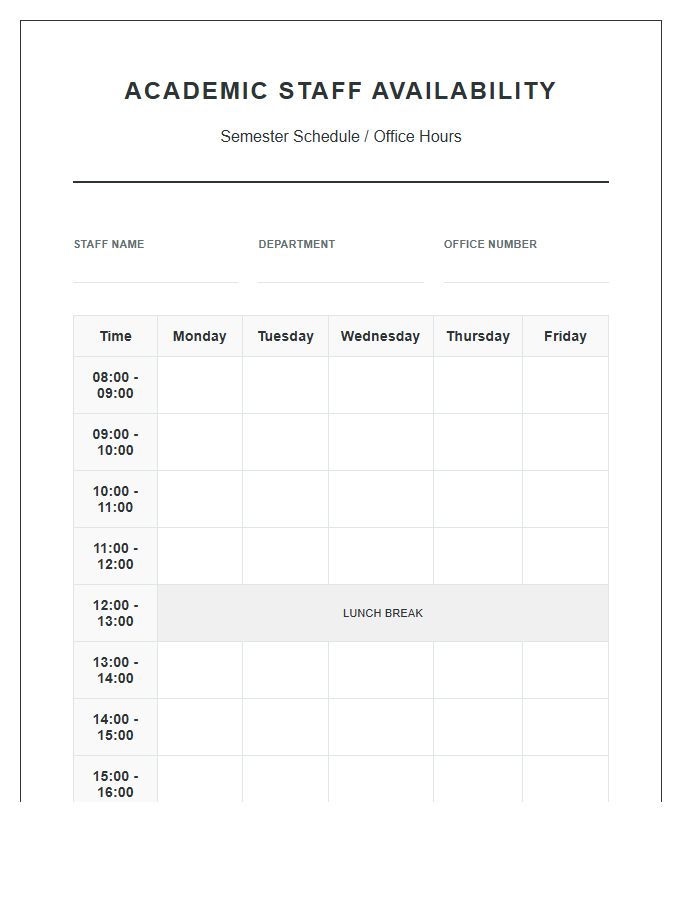 Academic Staff Availability Printable Chart