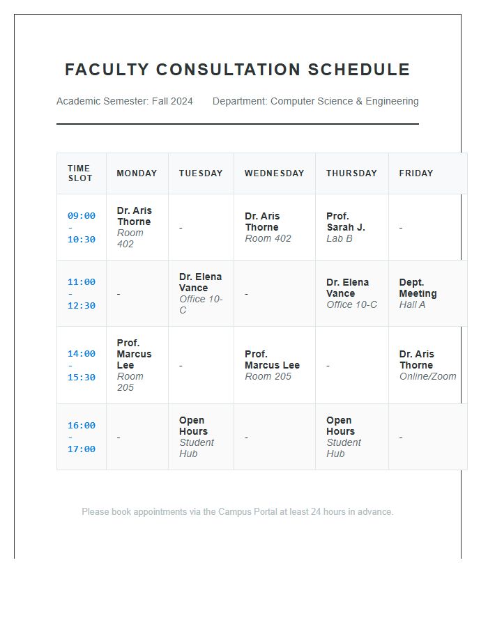 Campus Faculty Consultation Schedule Printable Chart