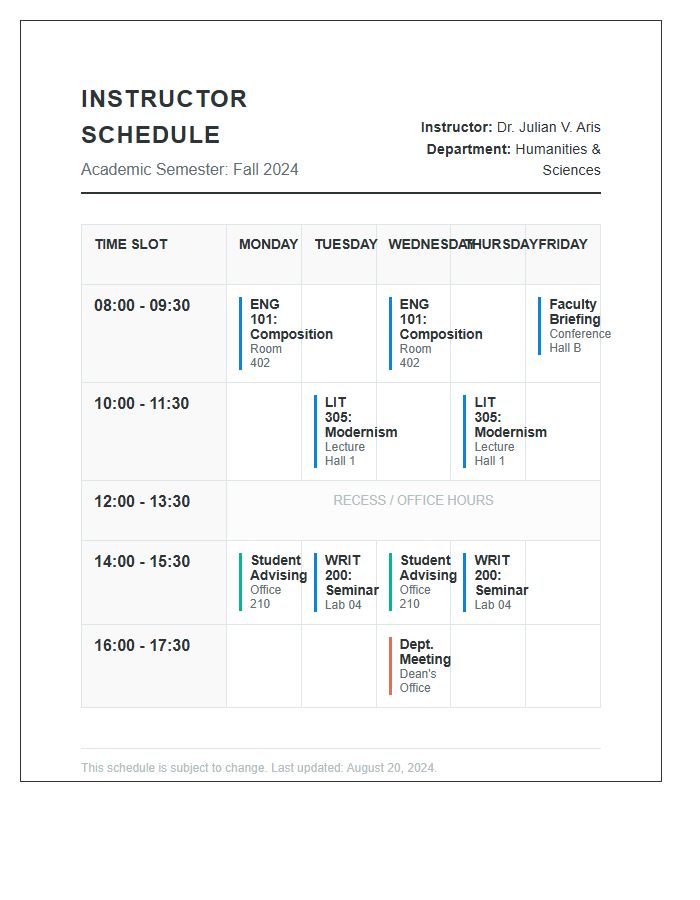 College Instructor Meeting Schedule Printable Chart