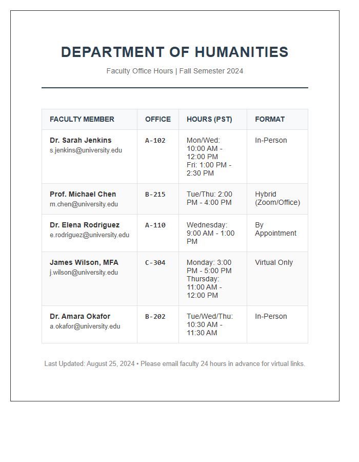Departmental Faculty Office Hours Printable Chart