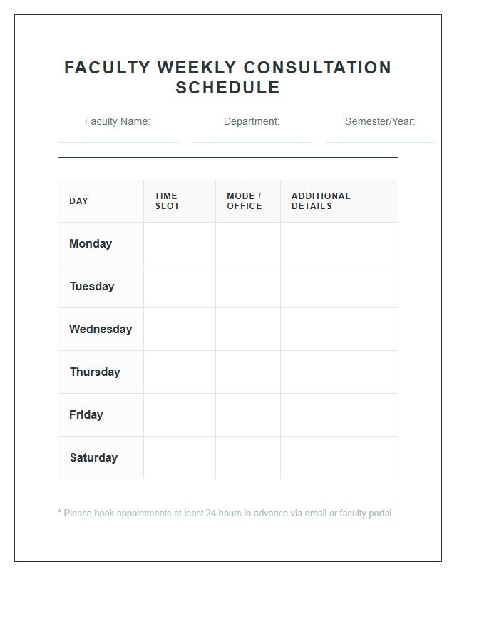 Faculty Weekly Consultation Printable Chart