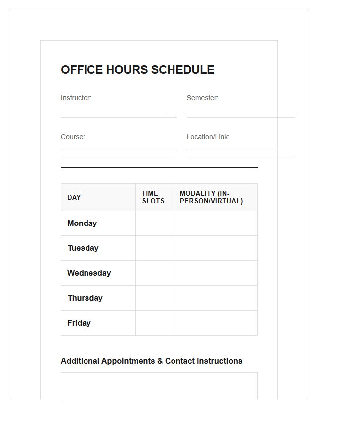 Higher Education Office Hours Printable Chart
