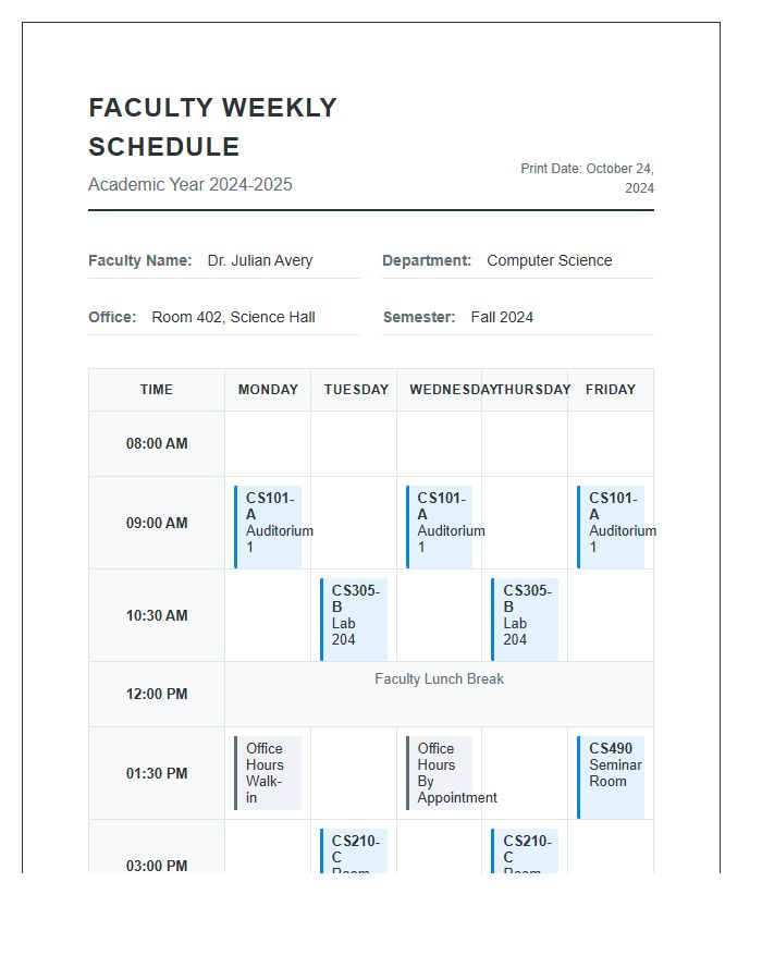 Professional Faculty Schedule Printable Chart