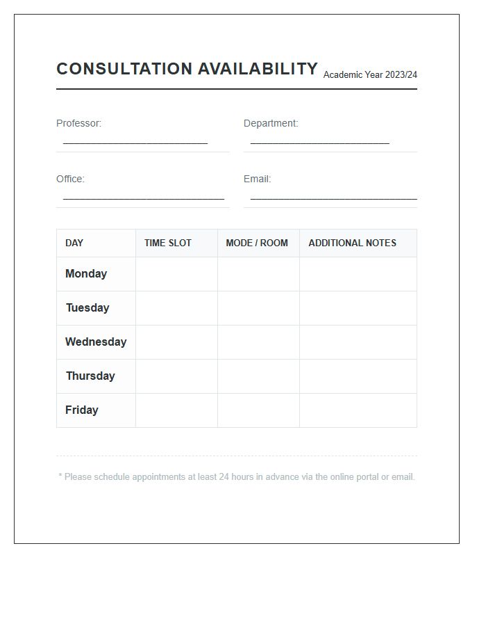 Professor Consultation Availability Printable Chart
