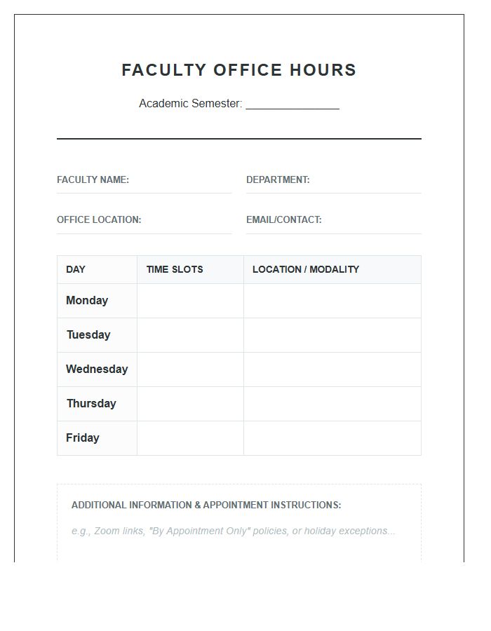 Semester Faculty Office Hours Printable Chart