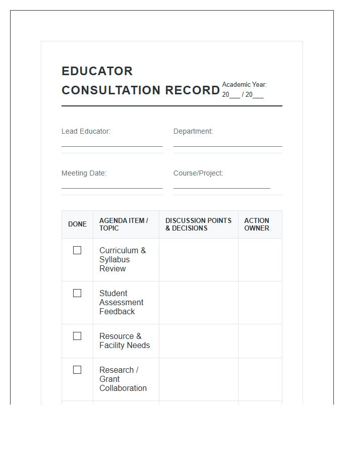 University Educator Meeting Printable Chart