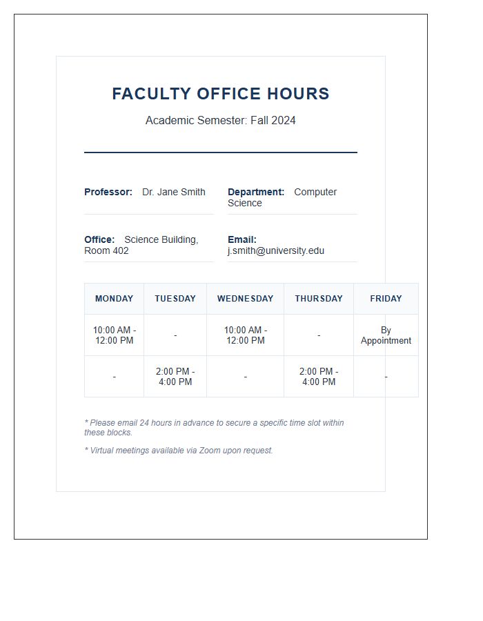 University Faculty Office Hours Schedule Printable Chart