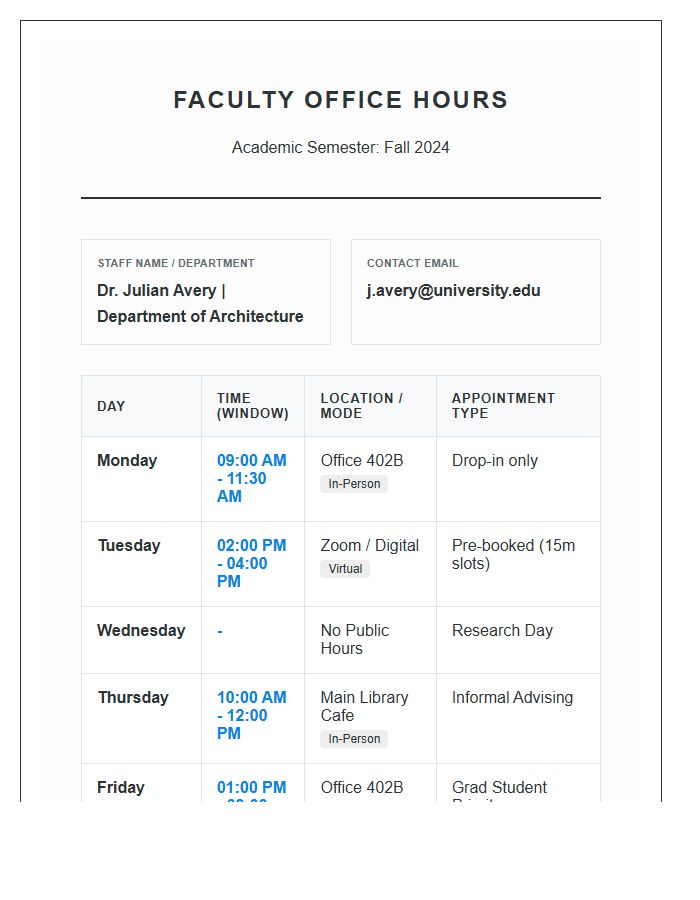 University Staff Office Hours Printable Chart