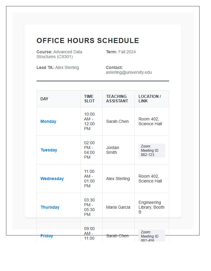 University Teaching Assistant Office Hours Printable Chart