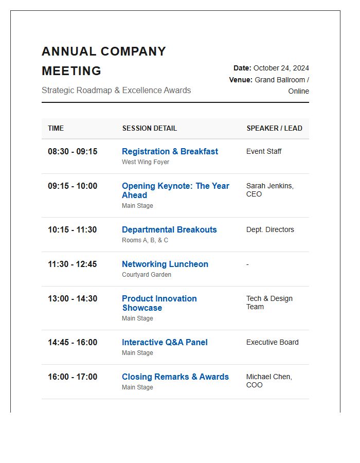 Annual Company Meeting Session Schedule Printable Chart