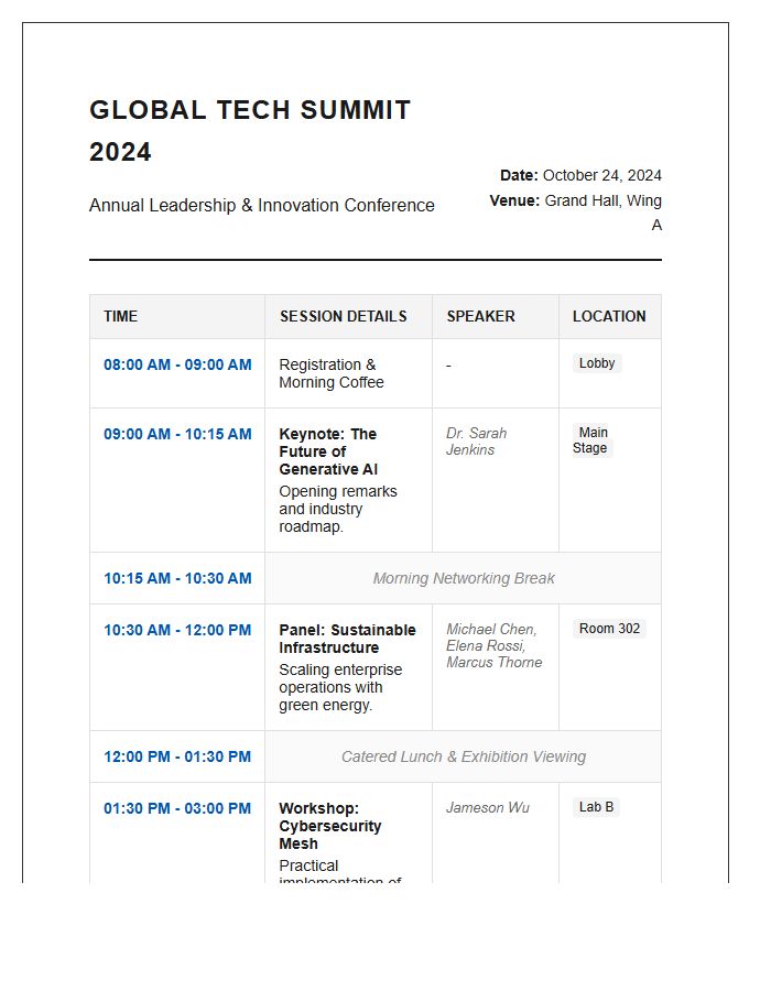 Corporate Conference Session Schedule Printable Chart