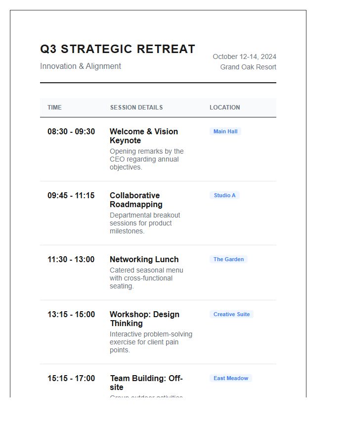 Corporate Team Retreat Session Schedule Printable Chart