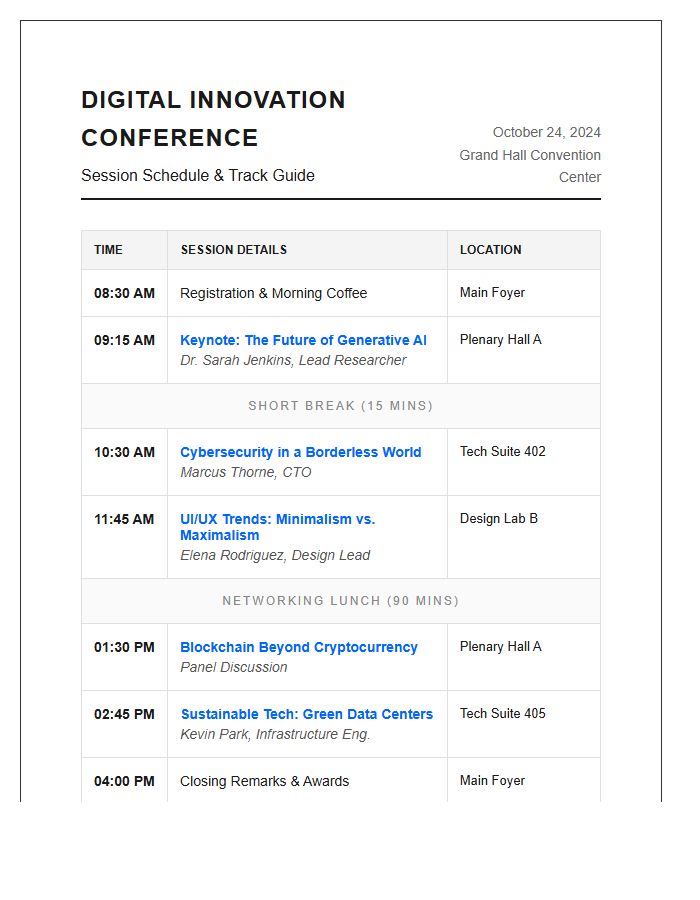 Digital Innovation Conference Session Schedule Printable Chart