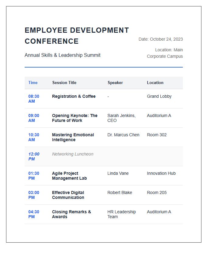 Employee Development Conference Session Schedule Printable Chart