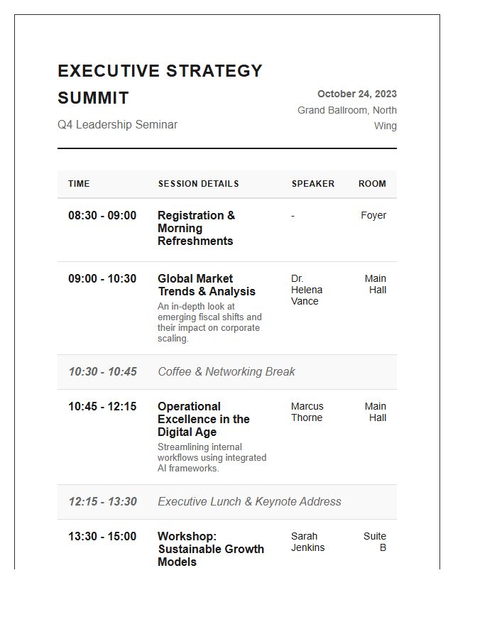 Executive Seminar Session Schedule Printable Chart