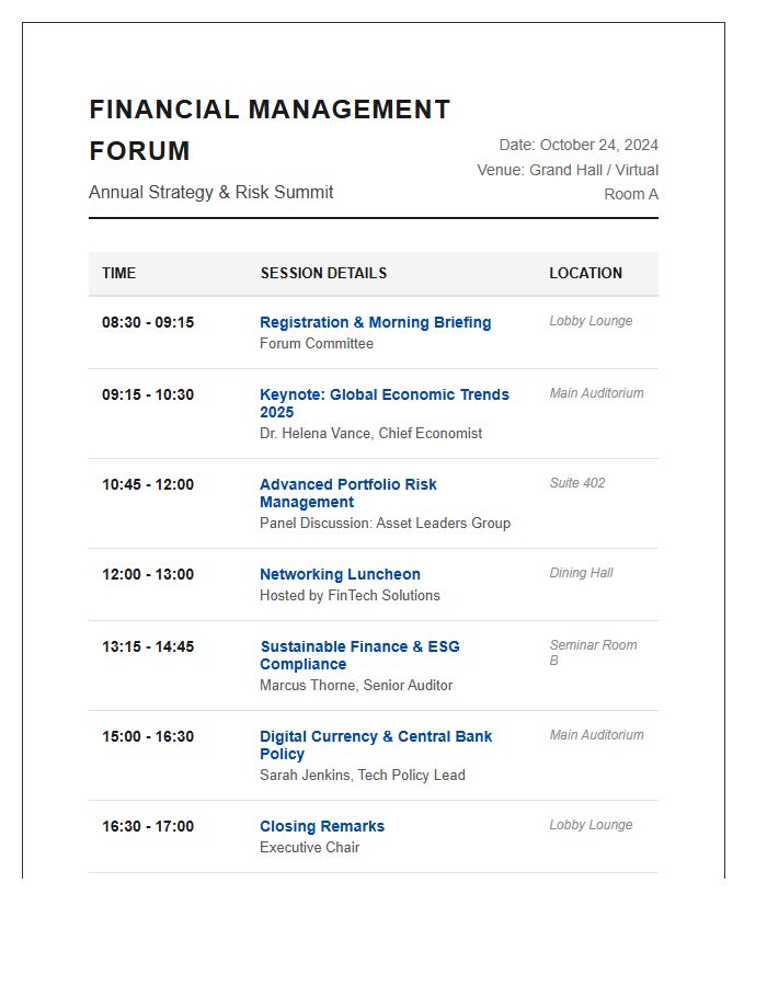 Financial Management Forum Session Schedule Printable Chart