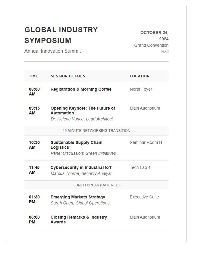 Global Industry Symposium Session Schedule Printable Chart