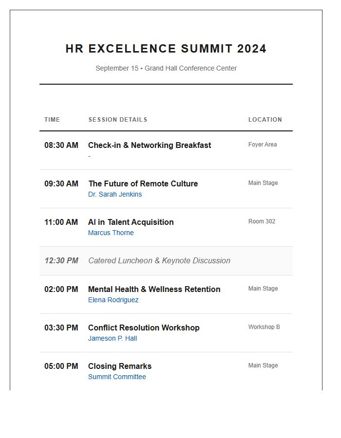 Human Resources Summit Session Schedule Printable Chart