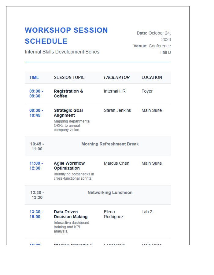 Internal Training Workshop Session Schedule Printable Chart