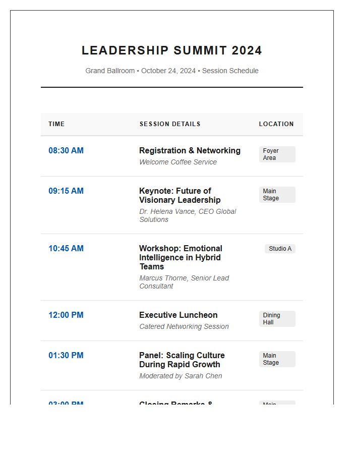 Leadership Summit Session Schedule Printable Chart