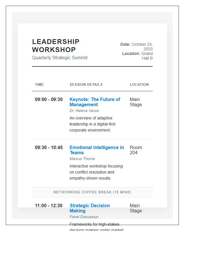 Management Leadership Workshop Session Schedule Printable Chart