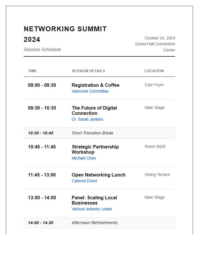 Networking Event Session Schedule Printable Chart