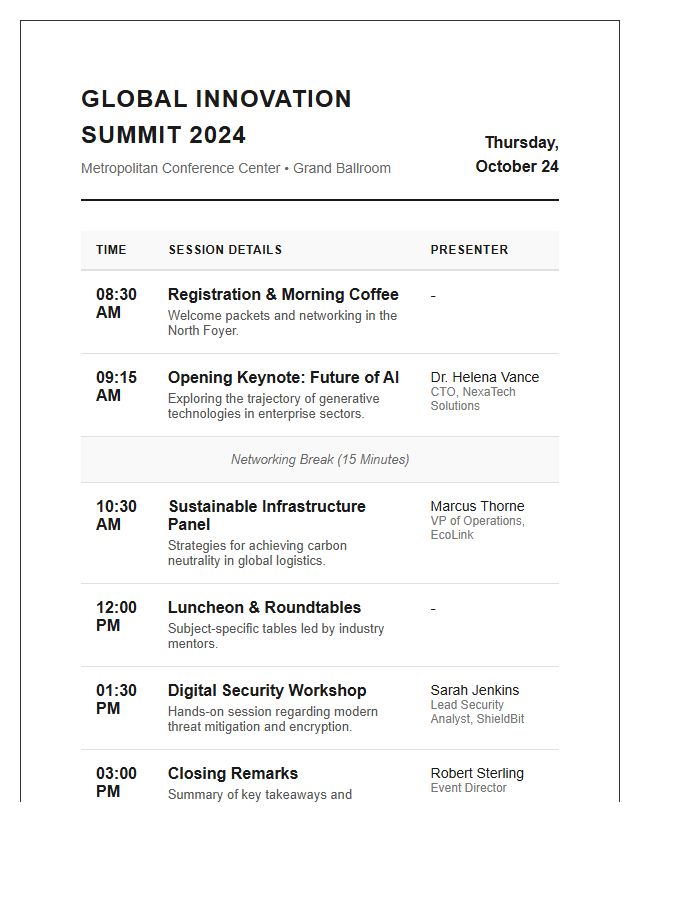 Professional Business Event Session Schedule Printable Chart
