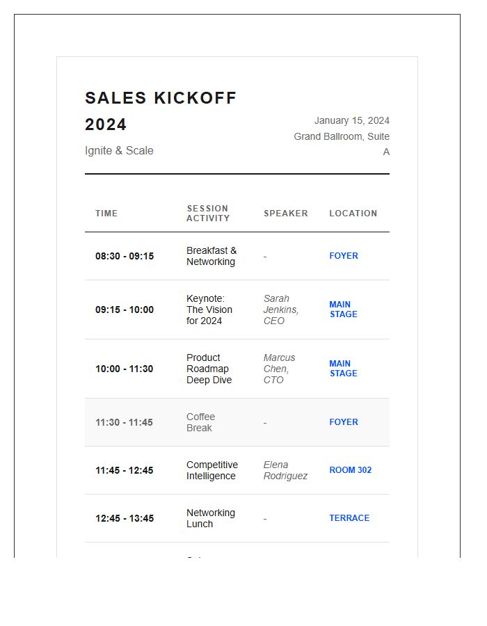 Sales Kickoff Meeting Session Schedule Printable Chart