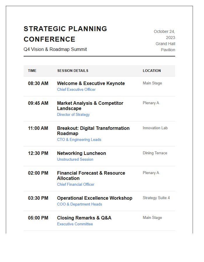 Strategic Planning Conference Session Schedule Printable Chart