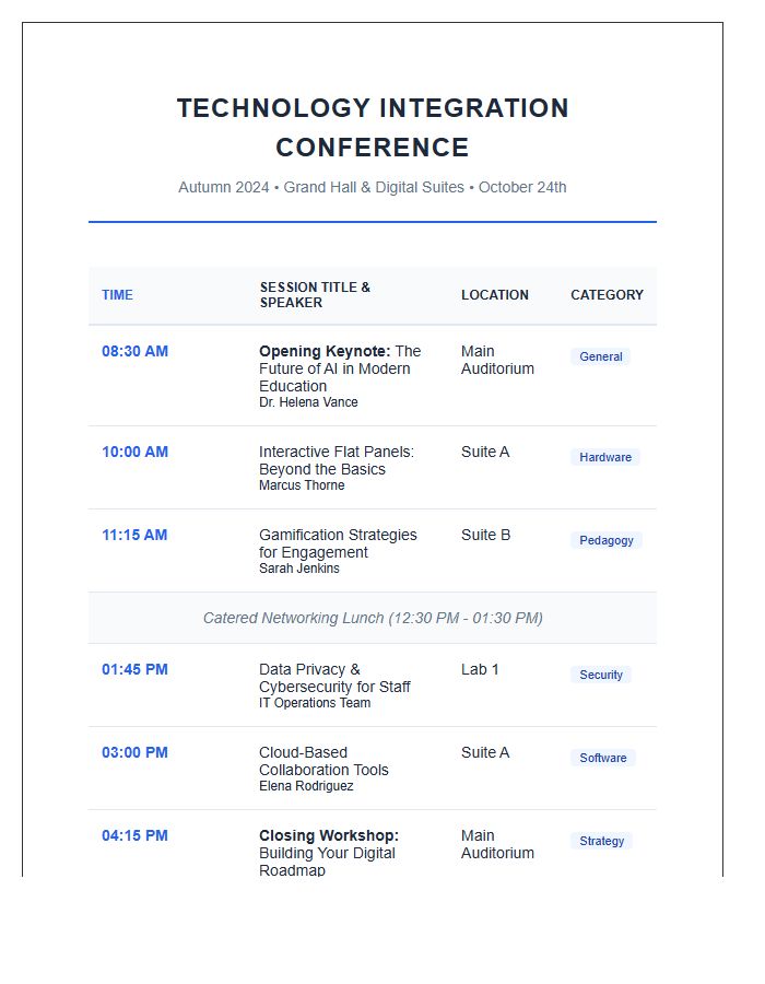 Technology Integration Conference Session Schedule Printable Chart