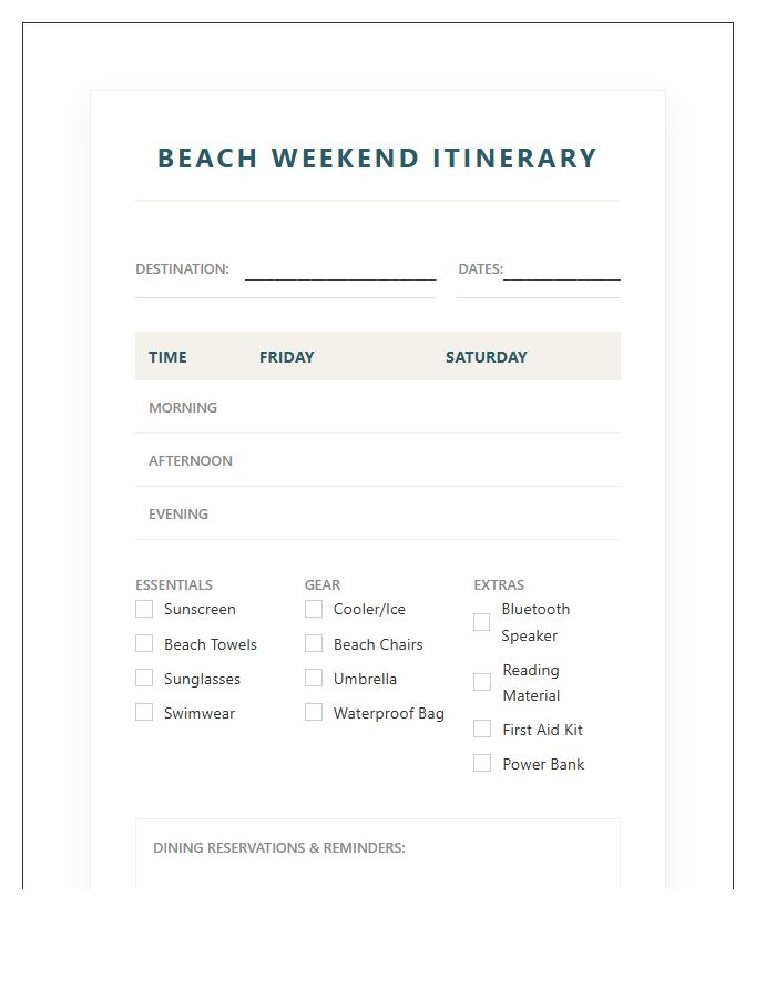 Beach Weekend Vacation Planning Printable Chart