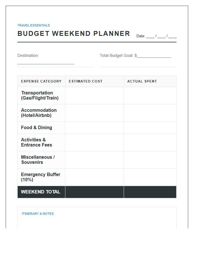Budget Weekend Travel Planner Printable Chart
