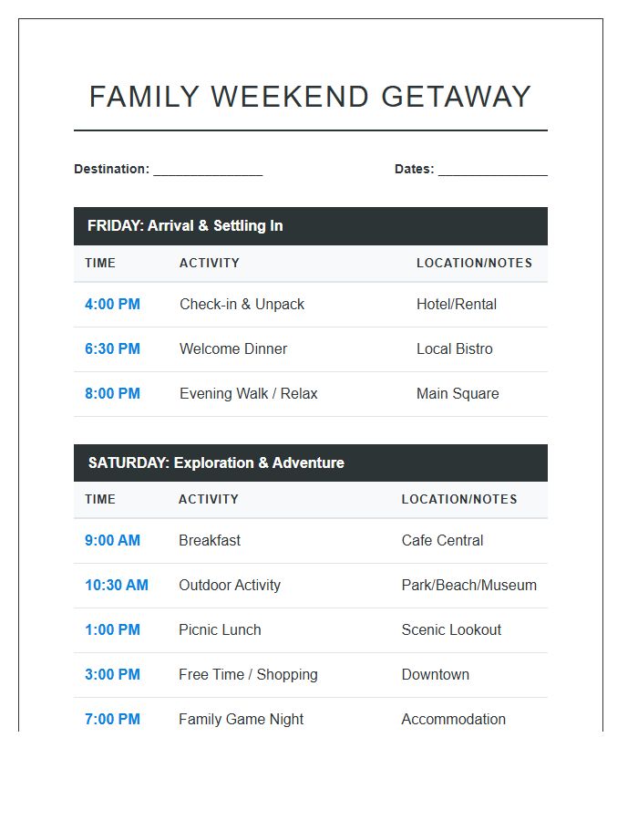 Family Weekend Vacation Itinerary Printable Chart