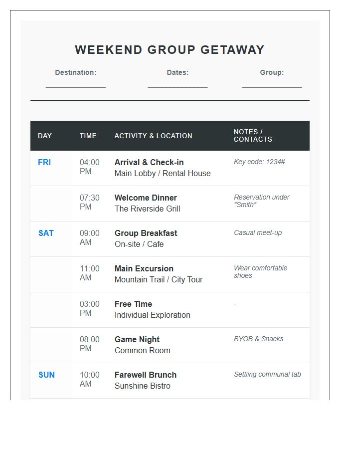 Group Travel Weekend Itinerary Printable Chart