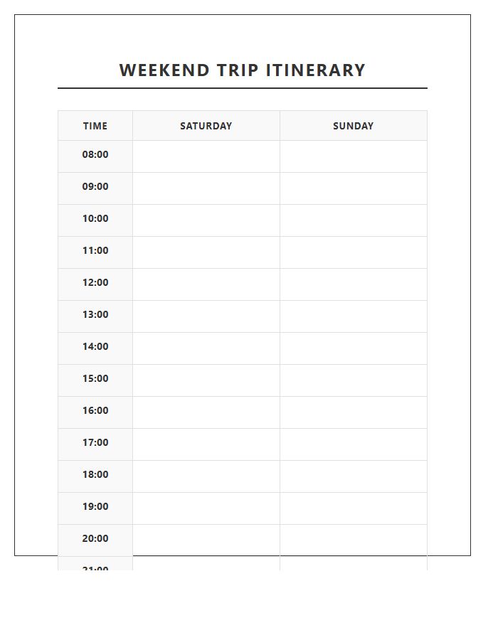 Hourly Weekend Trip Schedule Printable Chart