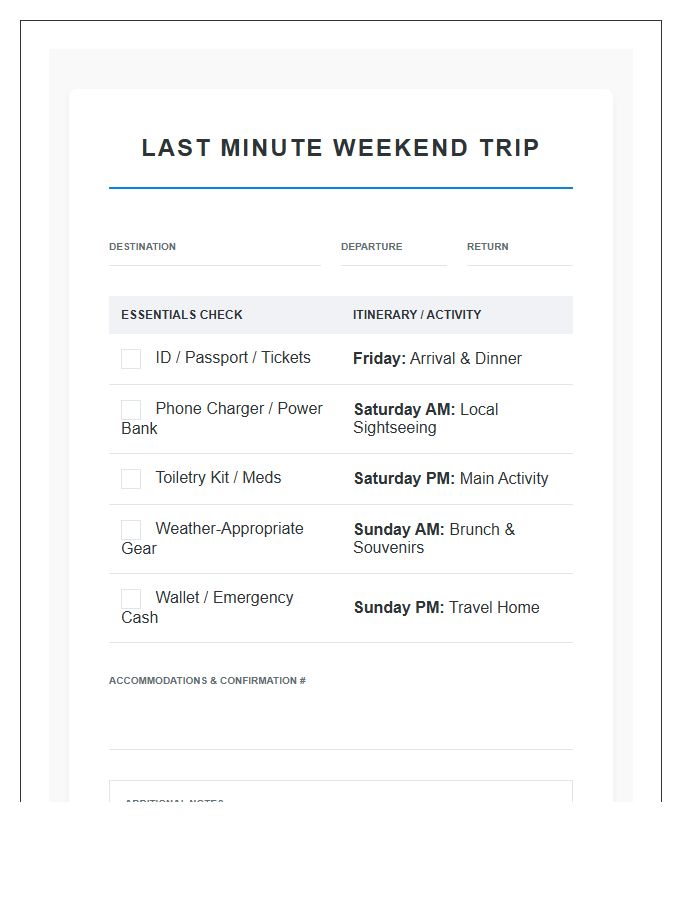 Last Minute Weekend Trip Printable Chart
