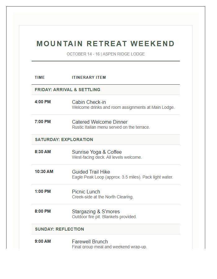 Mountain Retreat Weekend Itinerary Printable Chart