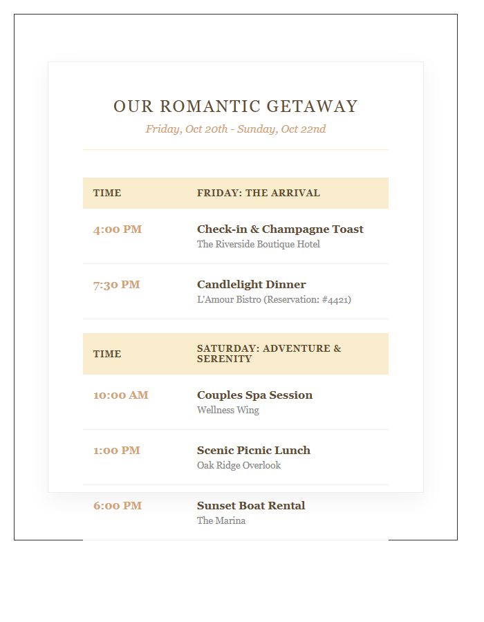Romantic Weekend Getaway Schedule Printable Chart