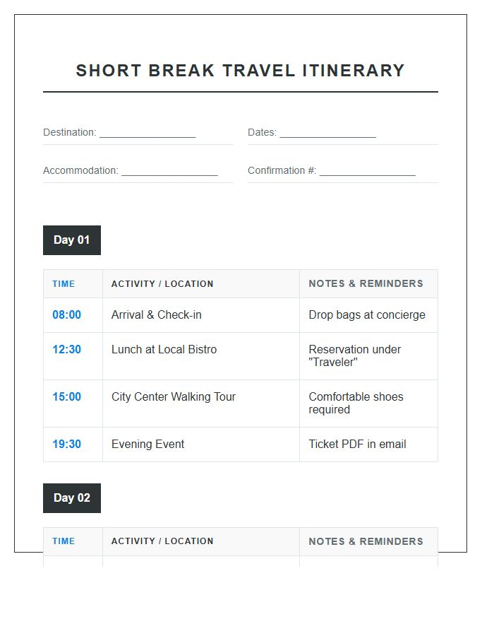 Short Break Travel Schedule Printable Chart