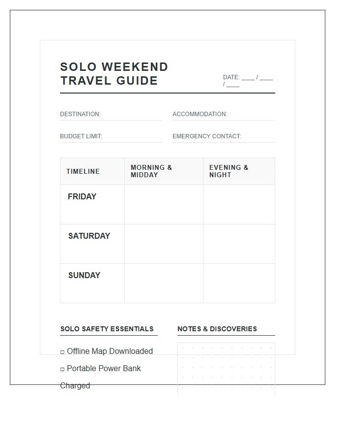 Solo Weekend Travel Guide Printable Chart