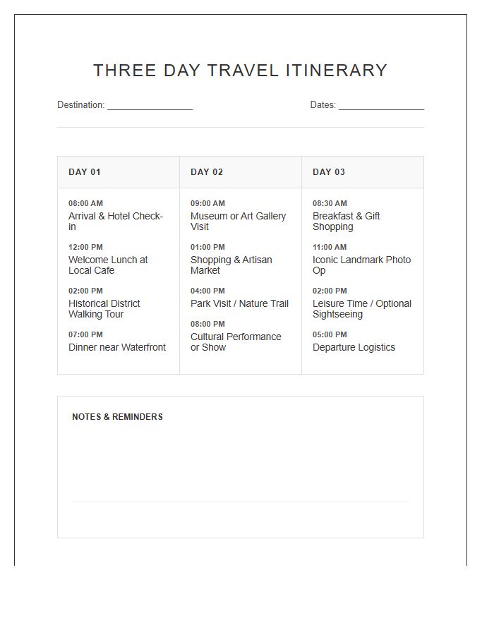 Three Day Travel Itinerary Printable Chart