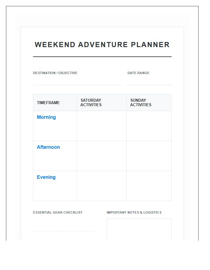 Weekend Adventure Activity Planning Printable Chart