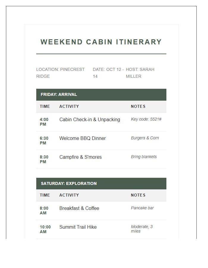 Weekend Cabin Trip Itinerary Printable Chart