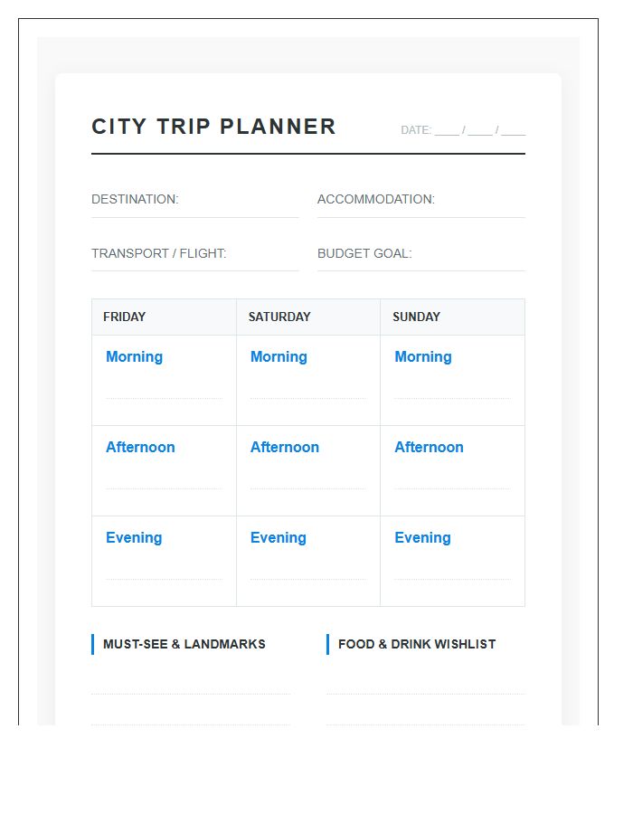 Weekend City Trip Planning Printable Chart